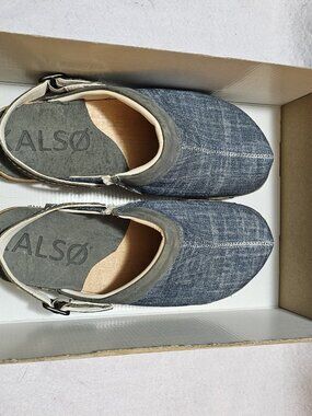 KALSO Women sz 7  Shanti BLUE FABRIC DENIM Mules Clog Negative Heel Comfort Shoe